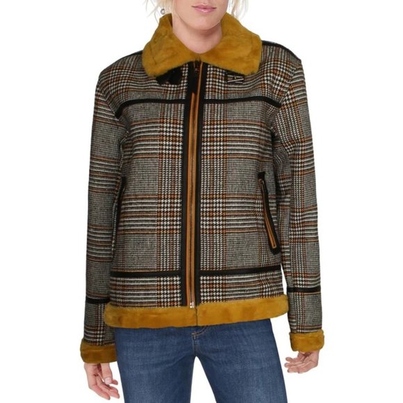 Brand New Urban Outfitters Plaid Print Faux Fur Trim Winter Coat sz M - Picture 1 of 2